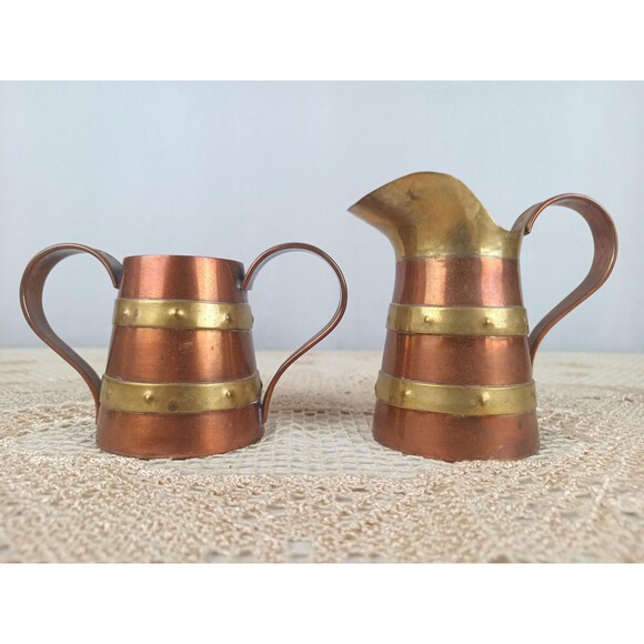 R Martinez Tea Set Sugar And Creamer Pot Copper And Brass Construction Mexico - Picture 6 of 7